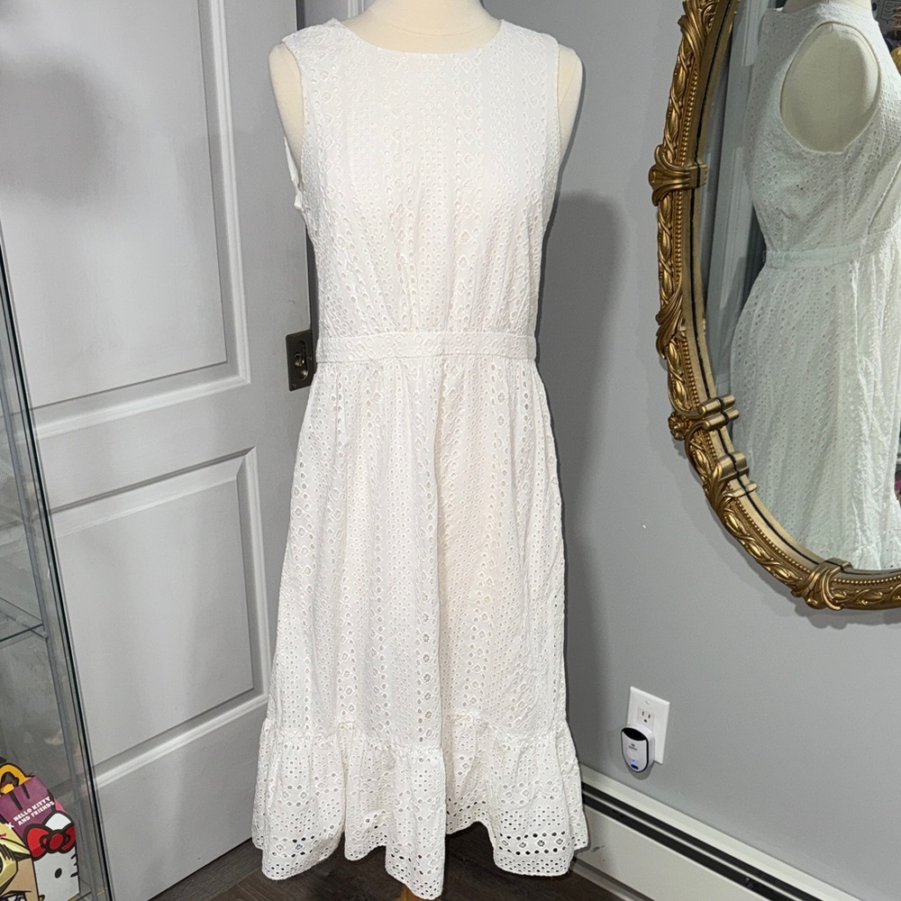 J. Crew White Eyelet Midi Dress with Ruffle Hem